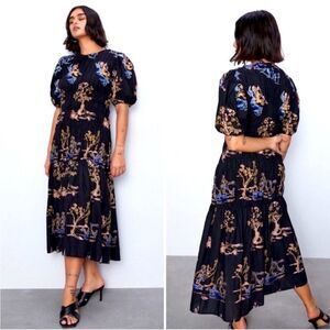 ZARA BLACK MIDI SMOCK PUFF SLEEVE RUFFLE HEM EMBROIDERY XS